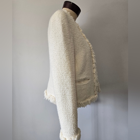 L.K BENNETT LONDON Cream Cottton Tweed Cropped Open Front Jacket With Fringe. 8 - Picture 5 of 16